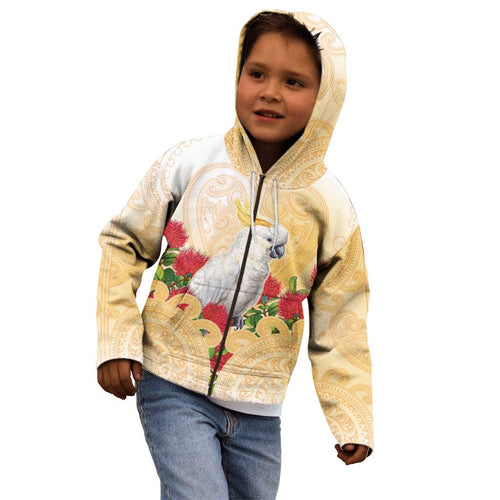 New Zealand Aotearoa Cockatoo Kid Hoodie Maori Pattern With Pohutukawa Flowers