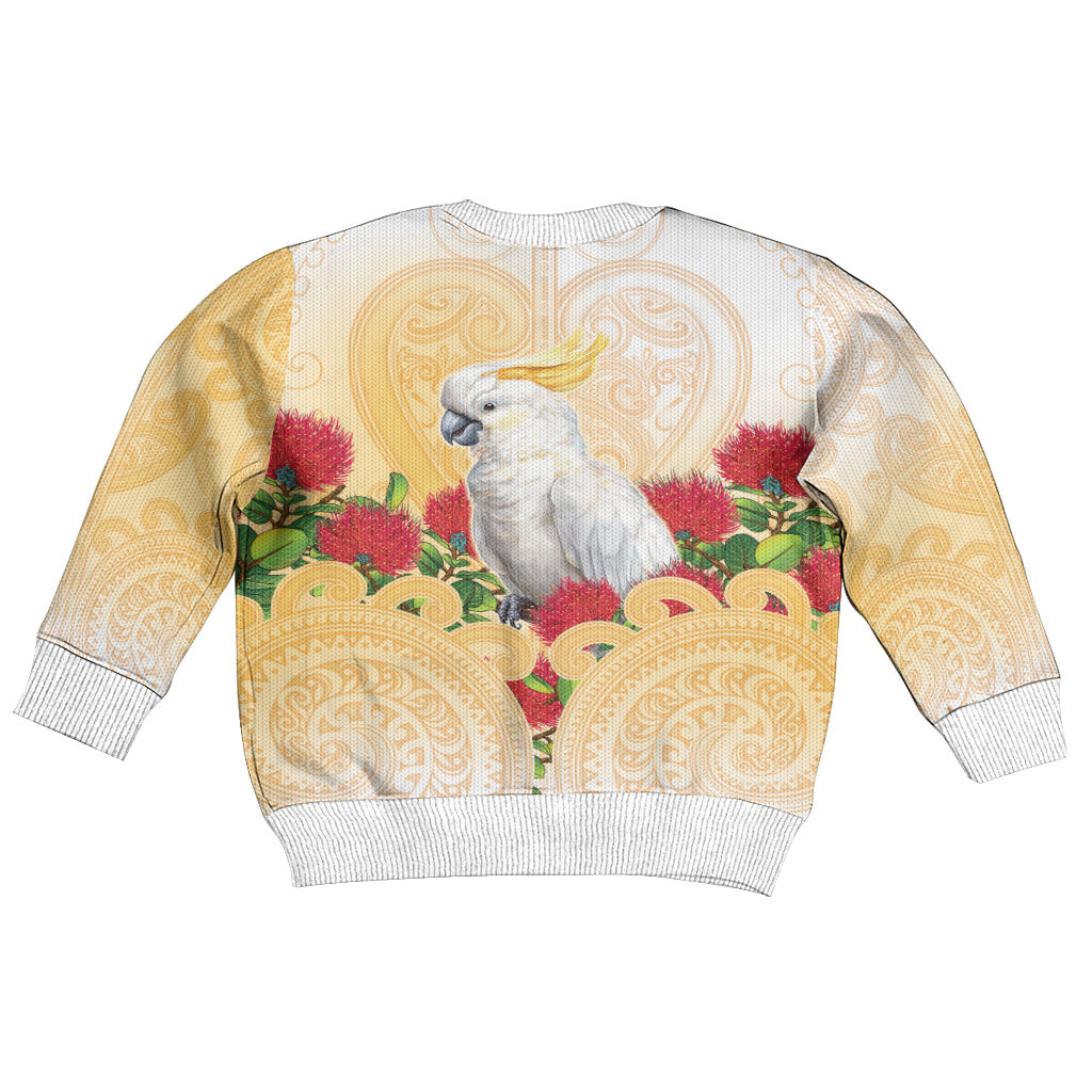 New Zealand Aotearoa Cockatoo Kid Ugly Christmas Sweater Maori Pattern With Pohutukawa Flowers