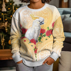New Zealand Aotearoa Cockatoo Kid Ugly Christmas Sweater Maori Pattern With Pohutukawa Flowers