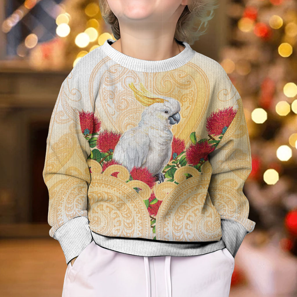 New Zealand Aotearoa Cockatoo Kid Ugly Christmas Sweater Maori Pattern With Pohutukawa Flowers
