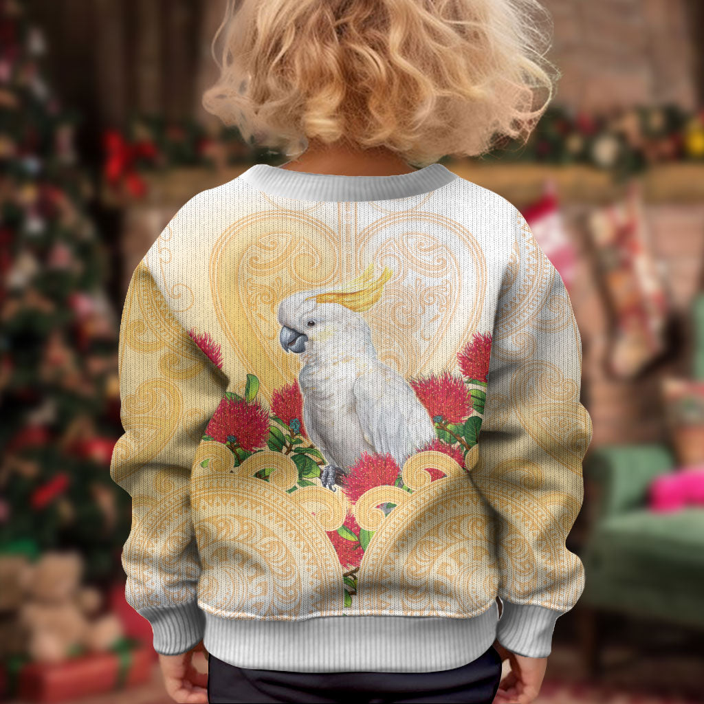 New Zealand Aotearoa Cockatoo Kid Ugly Christmas Sweater Maori Pattern With Pohutukawa Flowers