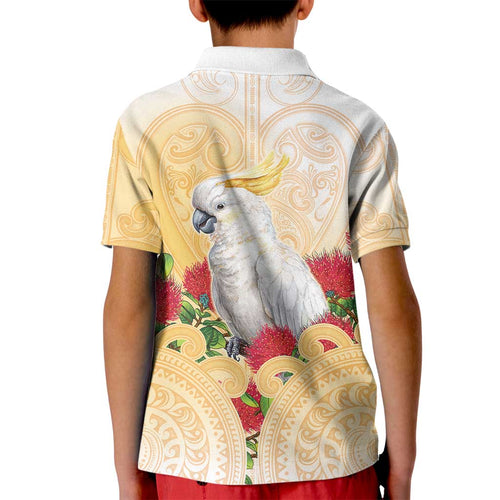 New Zealand Aotearoa Cockatoo Kid Polo Shirt Maori Pattern With Pohutukawa Flowers