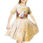 New Zealand Aotearoa Cockatoo Kid Short Sleeve Dress Maori Pattern With Pohutukawa Flowers