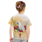 New Zealand Aotearoa Cockatoo Kid T Shirt Maori Pattern With Pohutukawa Flowers