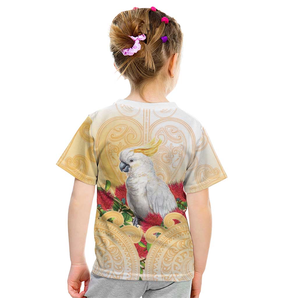 New Zealand Aotearoa Cockatoo Kid T Shirt Maori Pattern With Pohutukawa Flowers