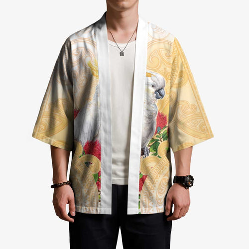 New Zealand Aotearoa Cockatoo Kimono Maori Pattern With Pohutukawa Flowers