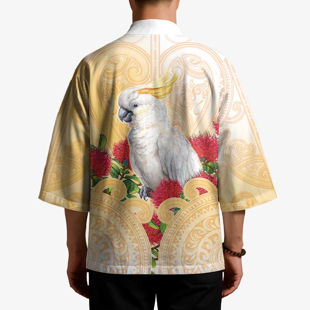 New Zealand Aotearoa Cockatoo Kimono Maori Pattern With Pohutukawa Flowers