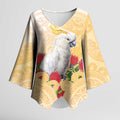 New Zealand Aotearoa Cockatoo Kimono Sleeve Blouse Maori Pattern With Pohutukawa Flowers