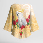 New Zealand Aotearoa Cockatoo Kimono Sleeve Blouse Maori Pattern With Pohutukawa Flowers