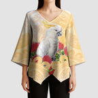 New Zealand Aotearoa Cockatoo Kimono Sleeve Blouse Maori Pattern With Pohutukawa Flowers
