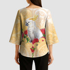 New Zealand Aotearoa Cockatoo Kimono Sleeve Blouse Maori Pattern With Pohutukawa Flowers