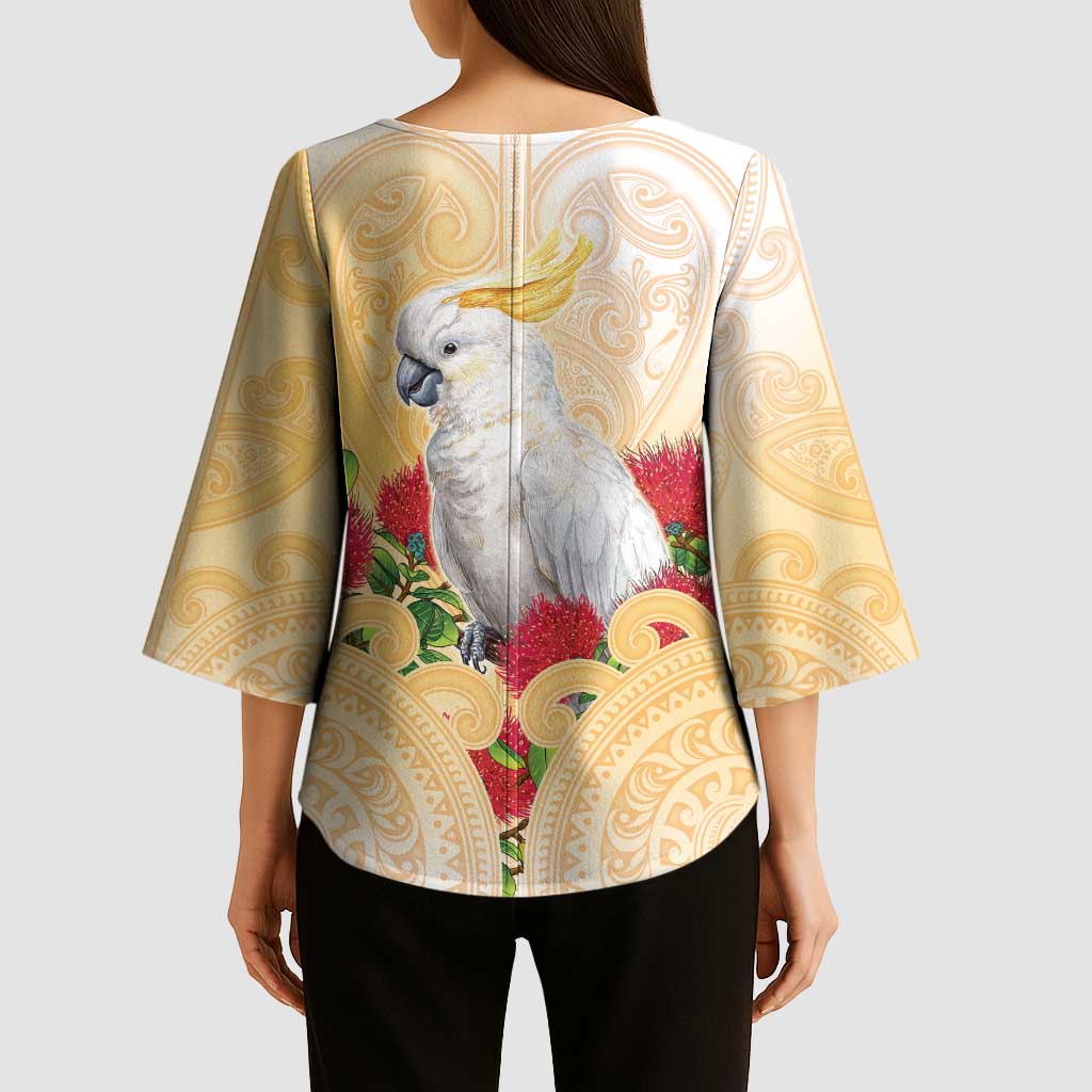 New Zealand Aotearoa Cockatoo Kimono Sleeve Blouse Maori Pattern With Pohutukawa Flowers