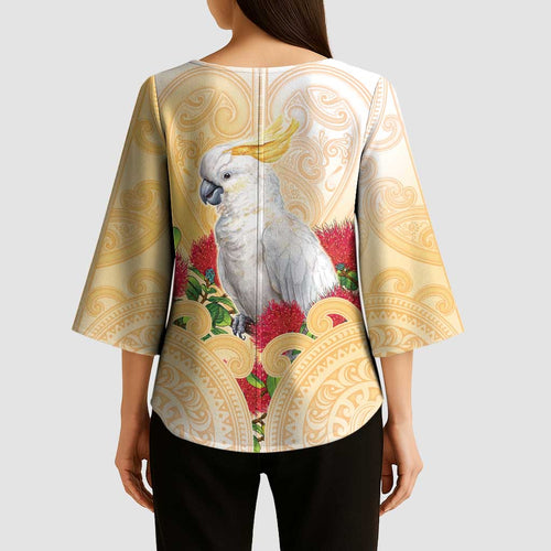 New Zealand Aotearoa Cockatoo Kimono Sleeve Blouse Maori Pattern With Pohutukawa Flowers