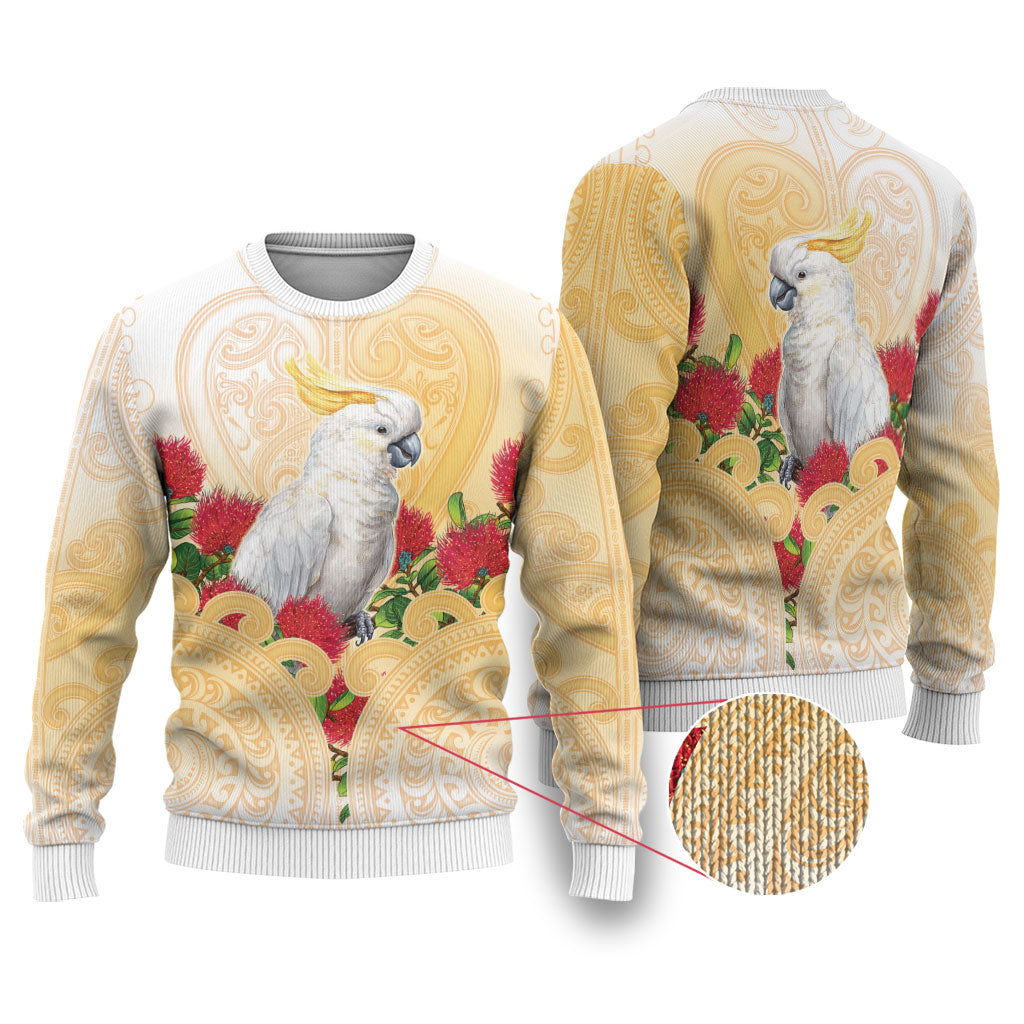 New Zealand Aotearoa Cockatoo Ugly Christmas Sweater Maori Pattern With Pohutukawa Flowers