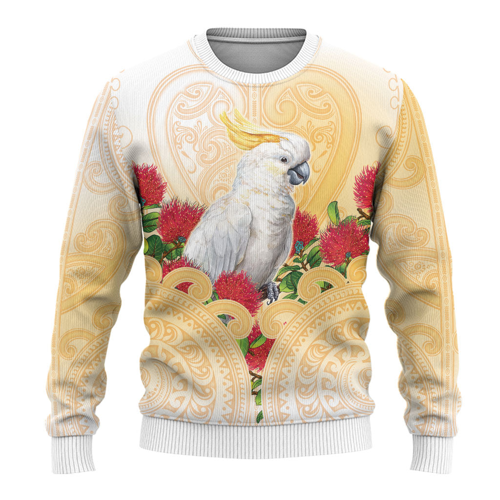 New Zealand Aotearoa Cockatoo Ugly Christmas Sweater Maori Pattern With Pohutukawa Flowers