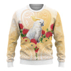 New Zealand Aotearoa Cockatoo Ugly Christmas Sweater Maori Pattern With Pohutukawa Flowers