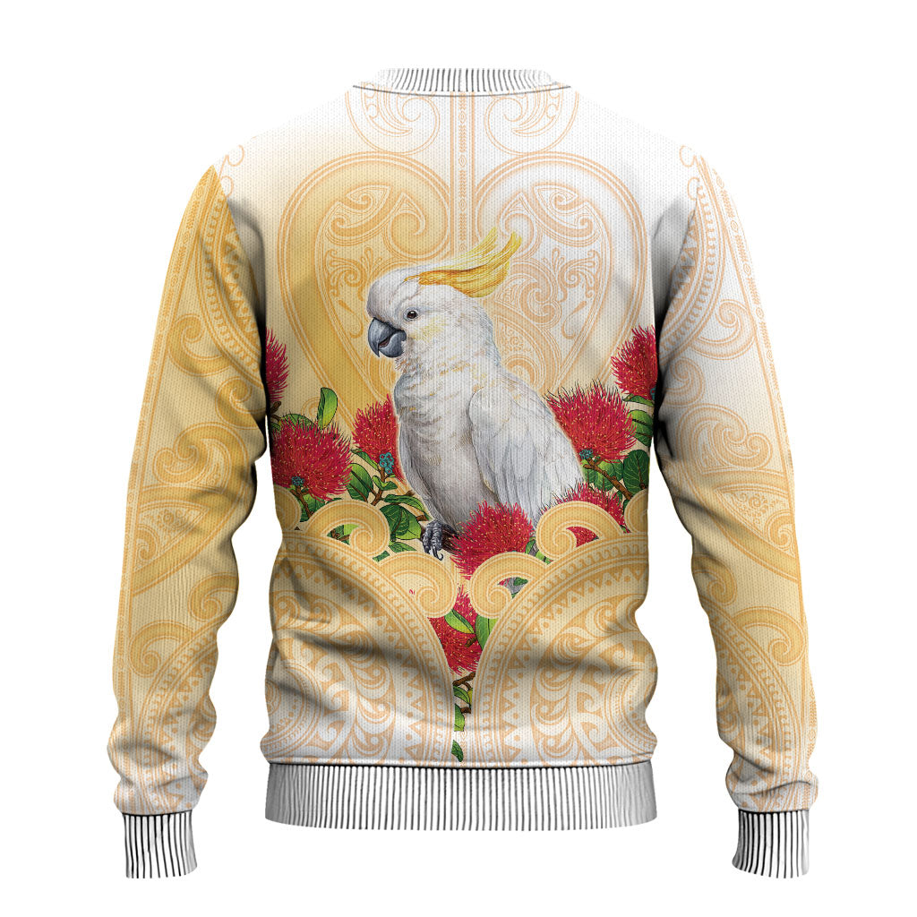 New Zealand Aotearoa Cockatoo Ugly Christmas Sweater Maori Pattern With Pohutukawa Flowers