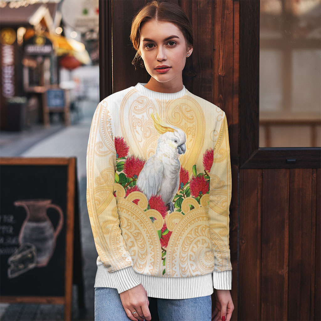 New Zealand Aotearoa Cockatoo Ugly Christmas Sweater Maori Pattern With Pohutukawa Flowers