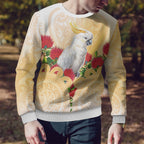 New Zealand Aotearoa Cockatoo Ugly Christmas Sweater Maori Pattern With Pohutukawa Flowers