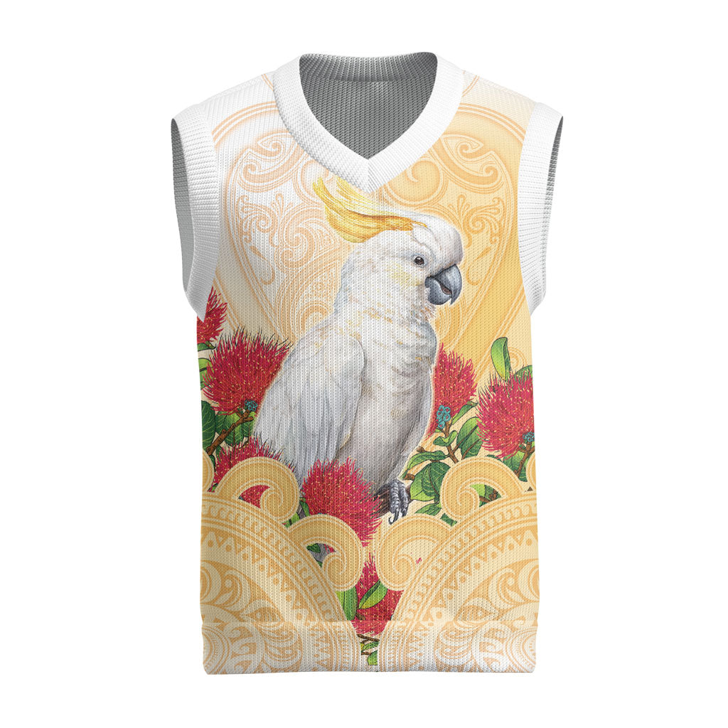New Zealand Aotearoa Cockatoo Christmas Knitted V-Neck Vest Maori Pattern With Pohutukawa Flowers