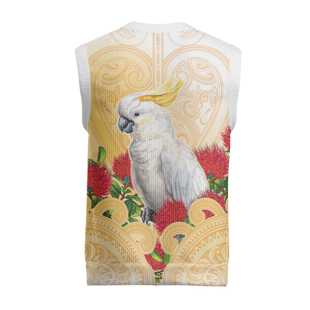 New Zealand Aotearoa Cockatoo Christmas Knitted V-Neck Vest Maori Pattern With Pohutukawa Flowers