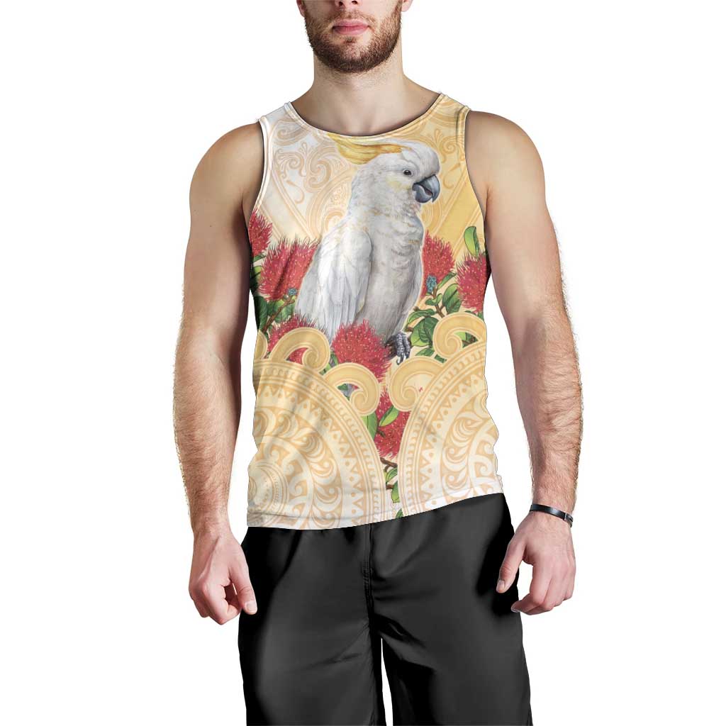 New Zealand Aotearoa Cockatoo Men Tank Top Maori Pattern With Pohutukawa Flowers