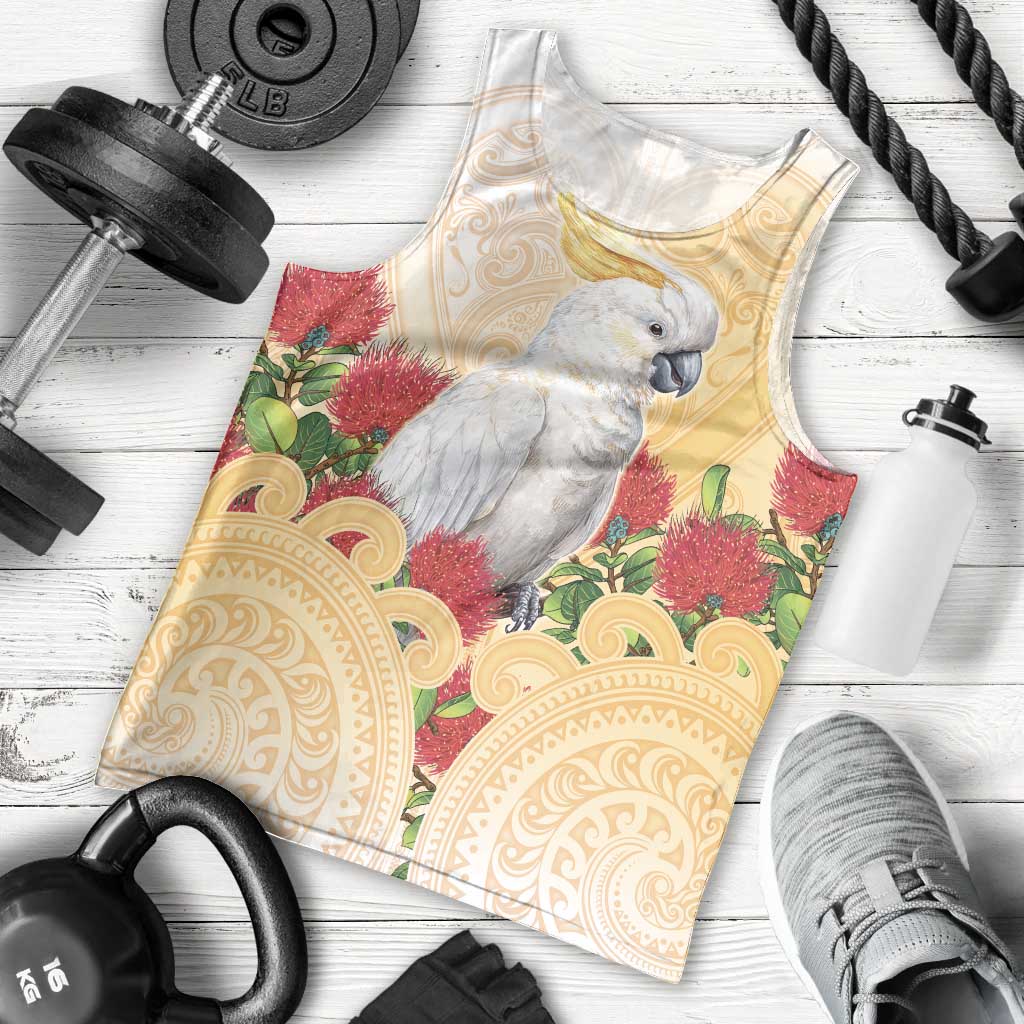 New Zealand Aotearoa Cockatoo Men Tank Top Maori Pattern With Pohutukawa Flowers