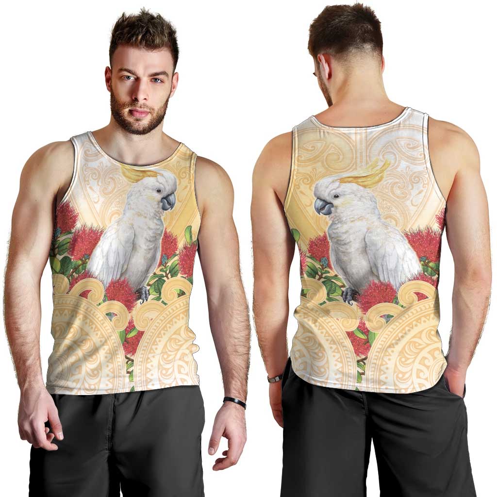 New Zealand Aotearoa Cockatoo Men Tank Top Maori Pattern With Pohutukawa Flowers