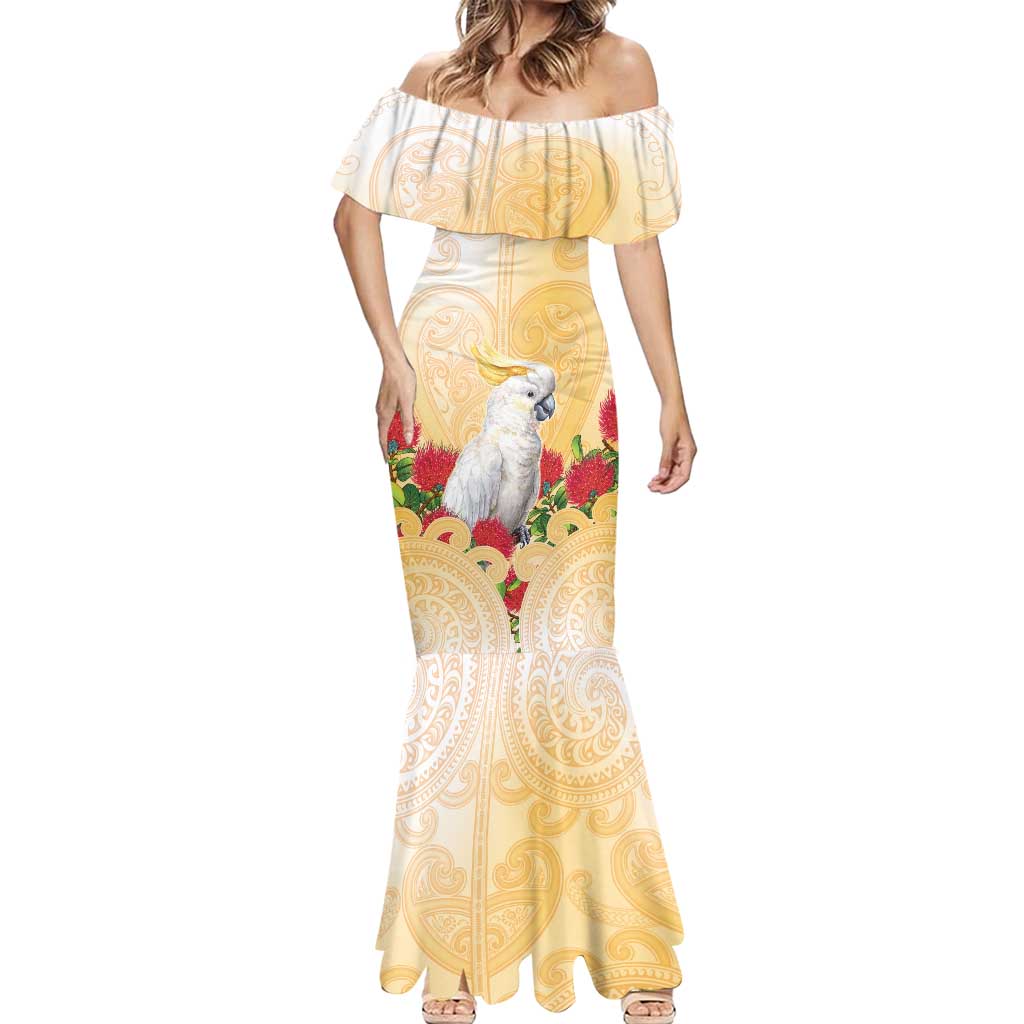 New Zealand Aotearoa Cockatoo Mermaid Dress Maori Pattern With Pohutukawa Flowers