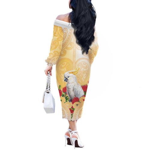 New Zealand Aotearoa Cockatoo Off The Shoulder Long Sleeve Dress Maori Pattern With Pohutukawa Flowers