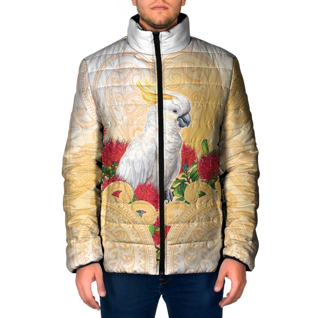 New Zealand Aotearoa Cockatoo Padded Jacket Maori Pattern With Pohutukawa Flowers