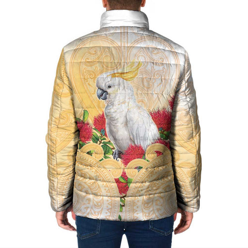 New Zealand Aotearoa Cockatoo Padded Jacket Maori Pattern With Pohutukawa Flowers