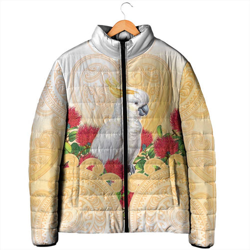 New Zealand Aotearoa Cockatoo Padded Jacket Maori Pattern With Pohutukawa Flowers