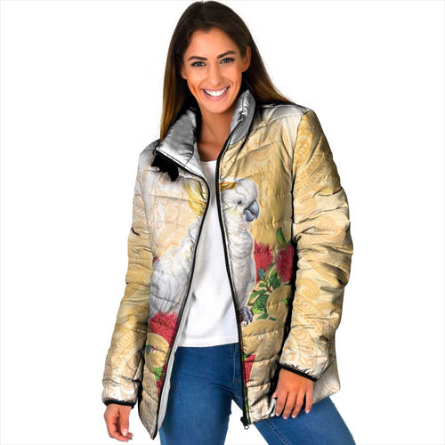 New Zealand Aotearoa Cockatoo Padded Jacket Maori Pattern With Pohutukawa Flowers
