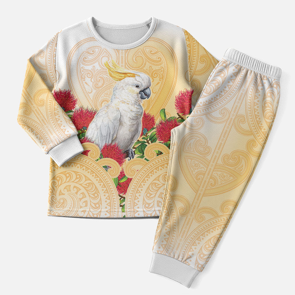 New Zealand Aotearoa Cockatoo Christmas Pajama Set Maori Pattern With Pohutukawa Flowers