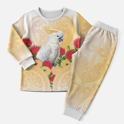 New Zealand Aotearoa Cockatoo Christmas Pajama Set Maori Pattern With Pohutukawa Flowers