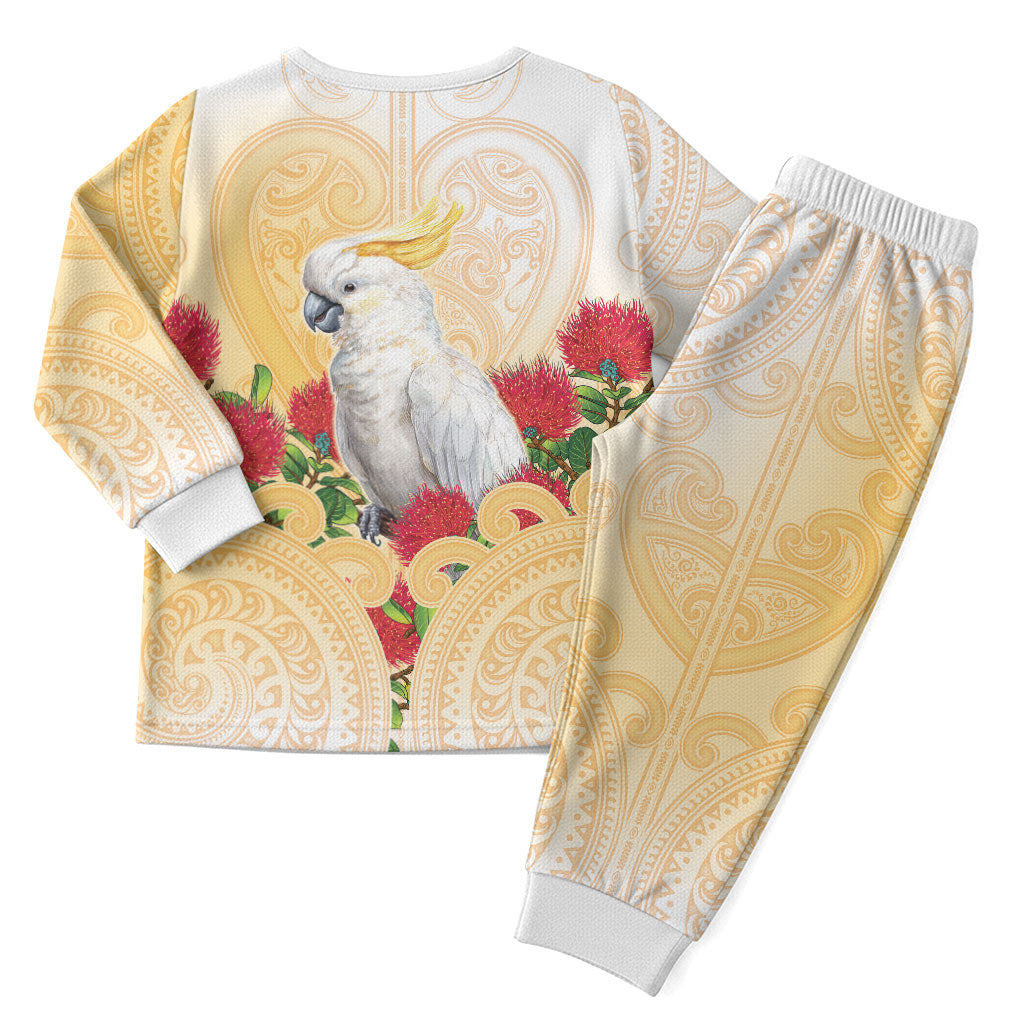 New Zealand Aotearoa Cockatoo Christmas Pajama Set Maori Pattern With Pohutukawa Flowers