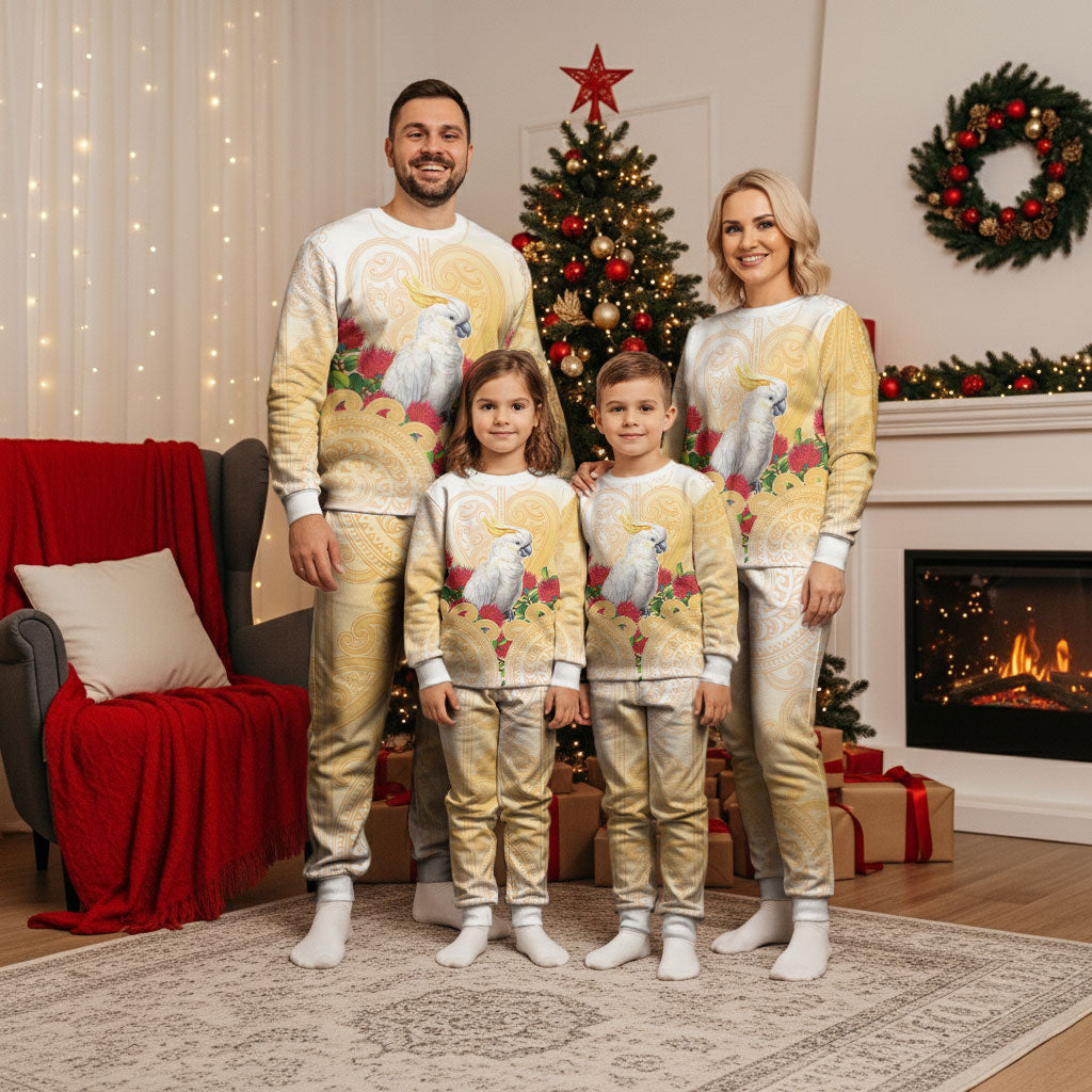 New Zealand Aotearoa Cockatoo Christmas Pajama Set Maori Pattern With Pohutukawa Flowers