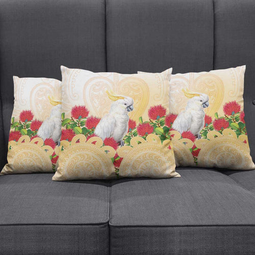 New Zealand Aotearoa Cockatoo Pillow Cover Maori Pattern With Pohutukawa Flowers