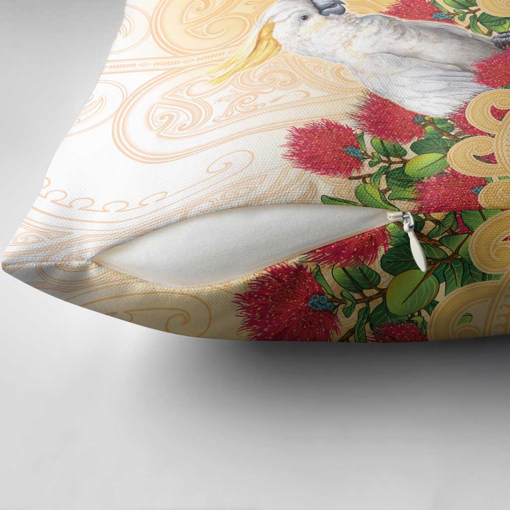 New Zealand Aotearoa Cockatoo Pillow Cover Maori Pattern With Pohutukawa Flowers