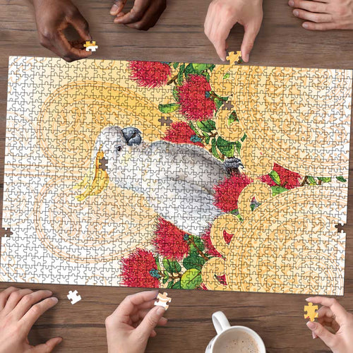 New Zealand Aotearoa Cockatoo Puzzle Maori Pattern With Pohutukawa Flowers