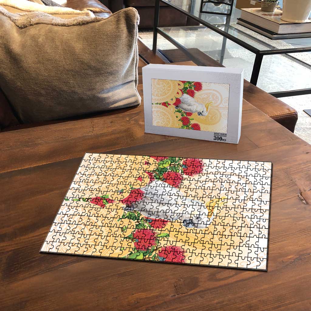 New Zealand Aotearoa Cockatoo Puzzle Maori Pattern With Pohutukawa Flowers
