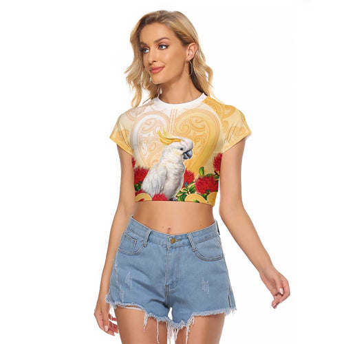 New Zealand Aotearoa Cockatoo Raglan Cropped T Shirt Maori Pattern With Pohutukawa Flowers
