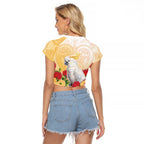 New Zealand Aotearoa Cockatoo Raglan Cropped T Shirt Maori Pattern With Pohutukawa Flowers