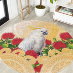 New Zealand Aotearoa Cockatoo Round Carpet Maori Pattern With Pohutukawa Flowers