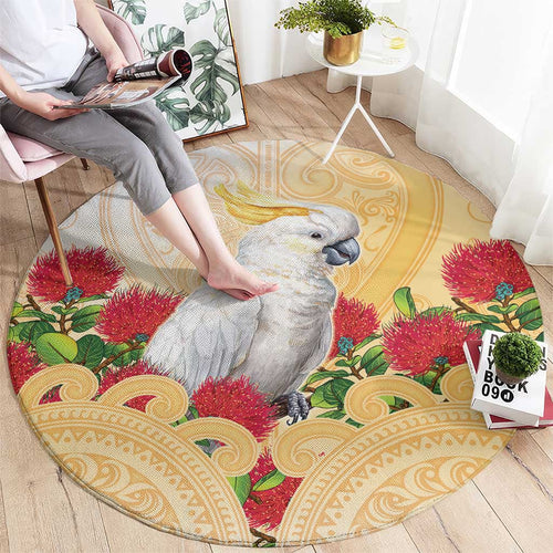 New Zealand Aotearoa Cockatoo Round Carpet Maori Pattern With Pohutukawa Flowers
