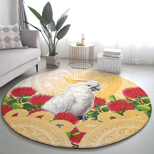 New Zealand Aotearoa Cockatoo Round Carpet Maori Pattern With Pohutukawa Flowers
