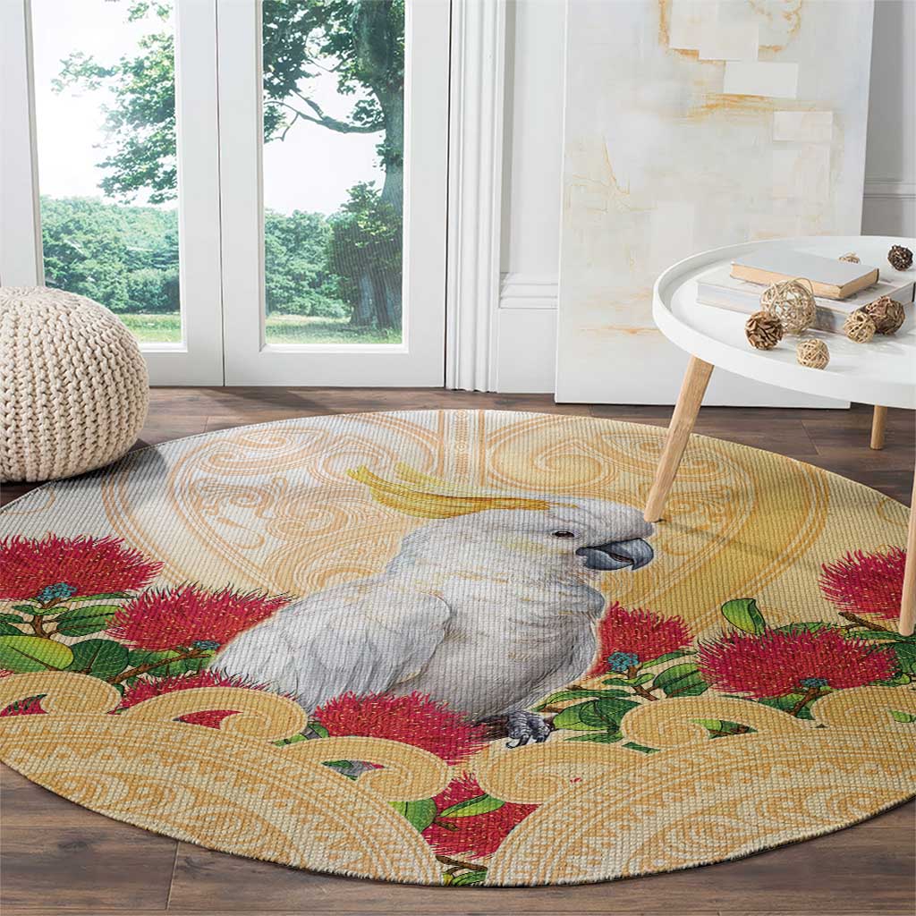 New Zealand Aotearoa Cockatoo Round Carpet Maori Pattern With Pohutukawa Flowers