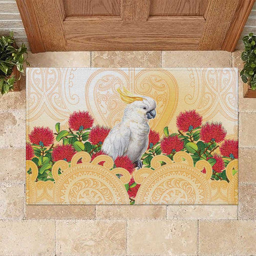 New Zealand Aotearoa Cockatoo Rubber Doormat Maori Pattern With Pohutukawa Flowers