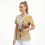New Zealand Aotearoa Cockatoo Scrub Top Maori Pattern With Pohutukawa Flowers
